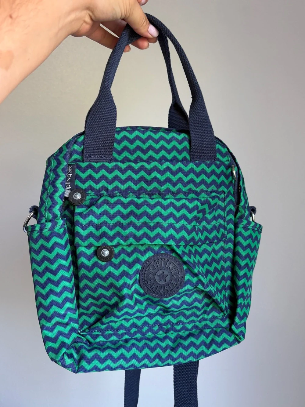 Kipling Green and Navy Chevron Mini Backpack